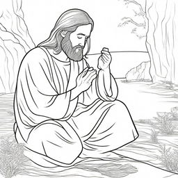 A line-drawn colouring book page of Jesus in a moment of humble devotion, praying on his knees.