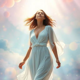 A striking image of a woman standing confidently in a moment of rapture, with an ethereal light surrounding her