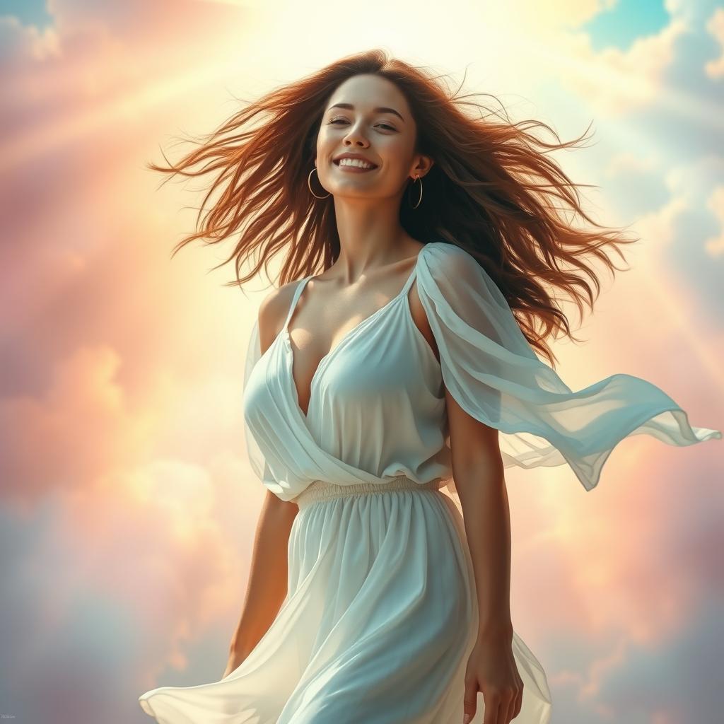 A striking image of a woman standing confidently in a moment of rapture, with an ethereal light surrounding her