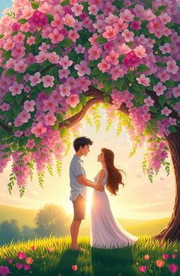 A beautifully illustrated scene symbolizing love and faith, featuring a couple standing under a magnificent, blooming tree, with vibrant flowers cascading around them
