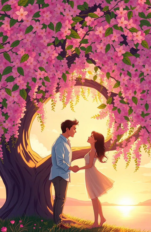 A beautifully illustrated scene symbolizing love and faith, featuring a couple standing under a magnificent, blooming tree, with vibrant flowers cascading around them