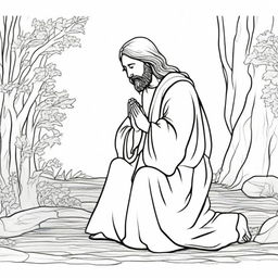 A line-drawn colouring book page of Jesus in a moment of humble devotion, praying on his knees.