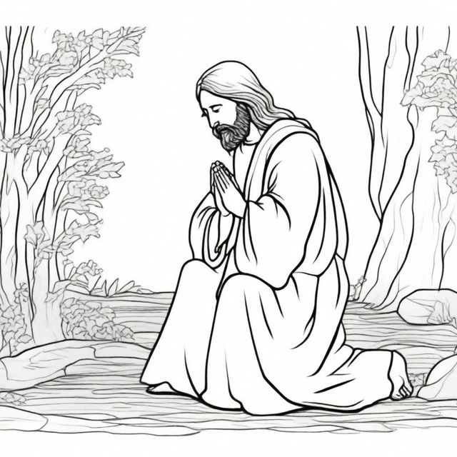 A line-drawn colouring book page of Jesus in a moment of humble devotion, praying on his knees.