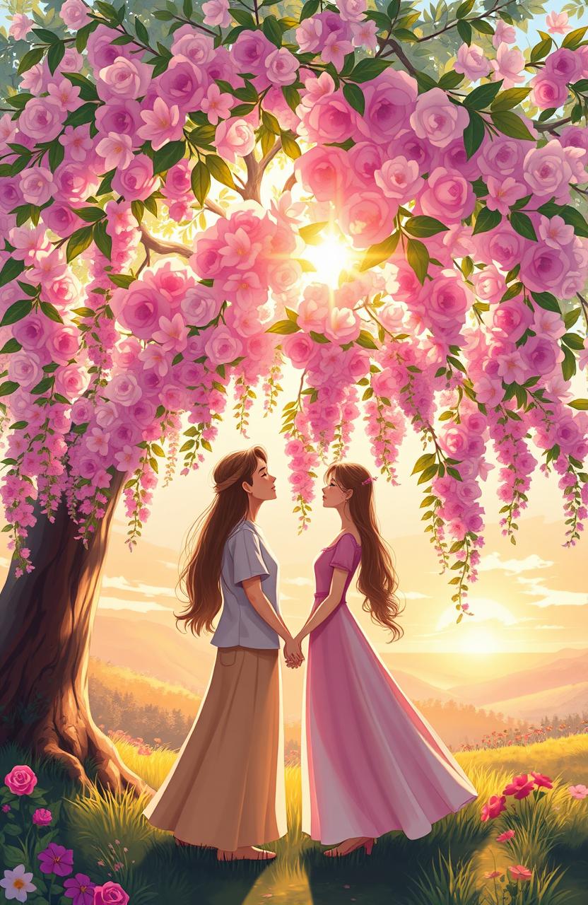 A beautifully illustrated scene symbolizing love and faith, featuring a couple standing under a magnificent, blooming tree, with vibrant flowers cascading around them