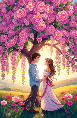 A beautifully illustrated scene symbolizing love and faith, featuring a couple standing under a magnificent, blooming tree, with vibrant flowers cascading around them
