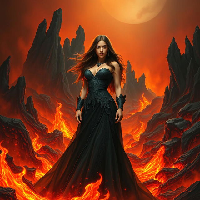 A dramatic depiction of a woman standing confidently in a fiery landscape that represents hell