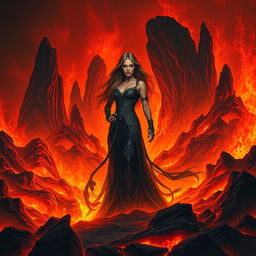 A dramatic depiction of a woman standing confidently in a fiery landscape that represents hell