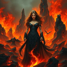 A dramatic depiction of a woman standing confidently in a fiery landscape that represents hell