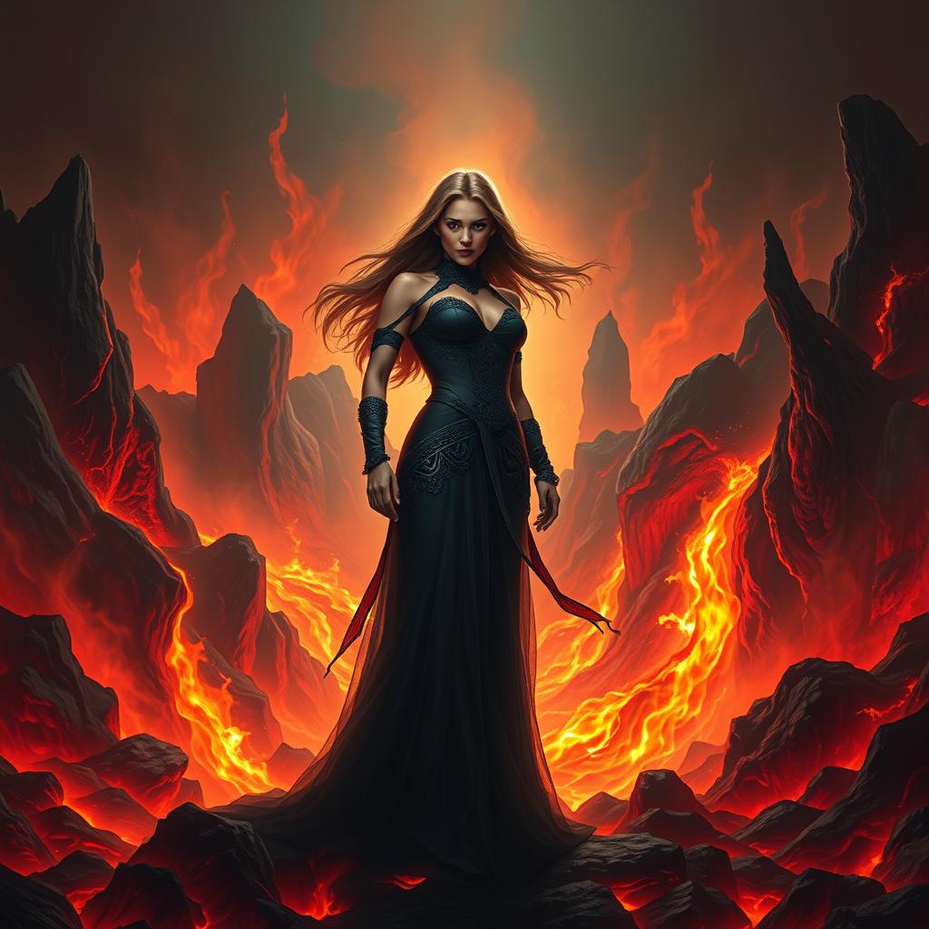 A dramatic depiction of a woman standing confidently in a fiery landscape that represents hell