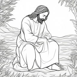 A line-drawn colouring book page of Jesus in a moment of humble devotion, praying on his knees.