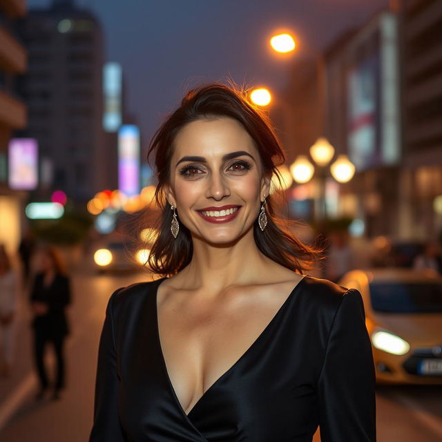 A realistic photo taken with an iPhone 14 Pro of an elegant 35-year-old woman of Ashkenazi descent, captured during an evening photoshoot in the vibrant center of Tel Aviv, Israel