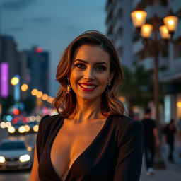 A realistic photo taken with an iPhone 14 Pro of an elegant 35-year-old woman of Ashkenazi descent, captured during an evening photoshoot in the vibrant center of Tel Aviv, Israel