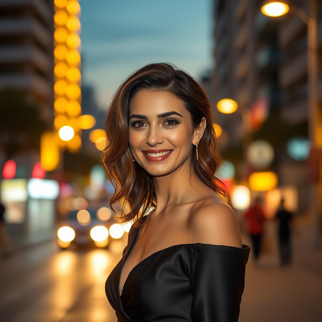 A realistic photo taken with an iPhone 14 Pro of an elegant 35-year-old woman of Ashkenazi descent, captured during an evening photoshoot in the vibrant center of Tel Aviv, Israel