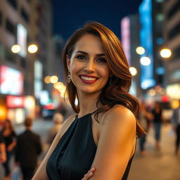 A realistic photo taken with an iPhone 14 Pro of an elegant 35-year-old woman of Ashkenazi descent, captured during an evening photoshoot in the vibrant center of Tel Aviv, Israel