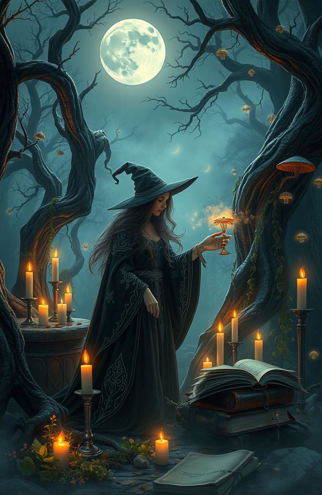 A mystical scene depicting a witch practicing her craft in a forest clearing at twilight