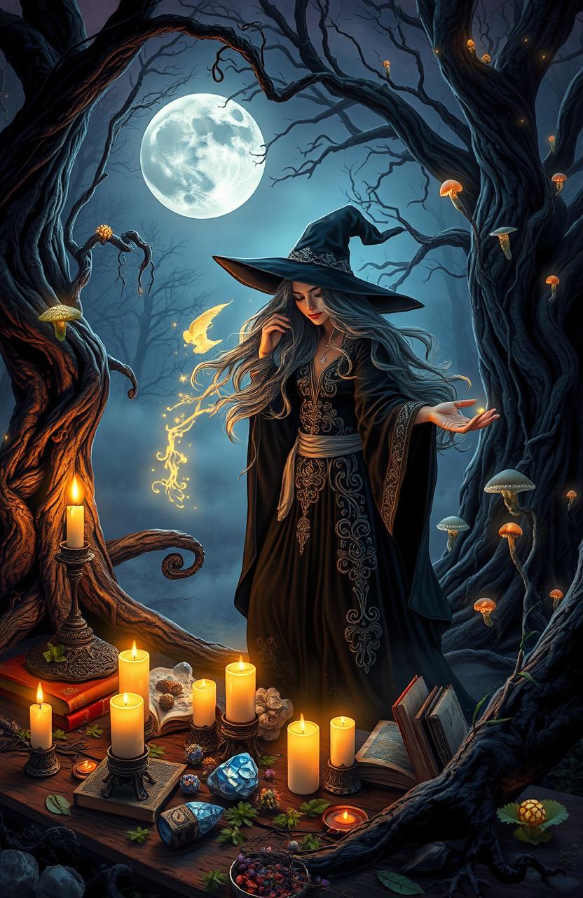 A mystical scene depicting a witch practicing her craft in a forest clearing at twilight