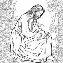 A line-drawn colouring book page of Jesus in a moment of humble devotion, praying on his knees.