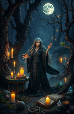 A mystical scene depicting a witch practicing her craft in a forest clearing at twilight
