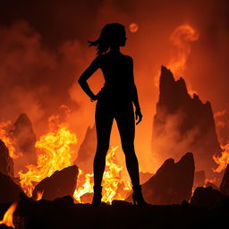 A powerful silhouette of a woman standing against the backdrop of a fiery hellscape
