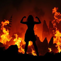 A powerful silhouette of a woman standing against the backdrop of a fiery hellscape