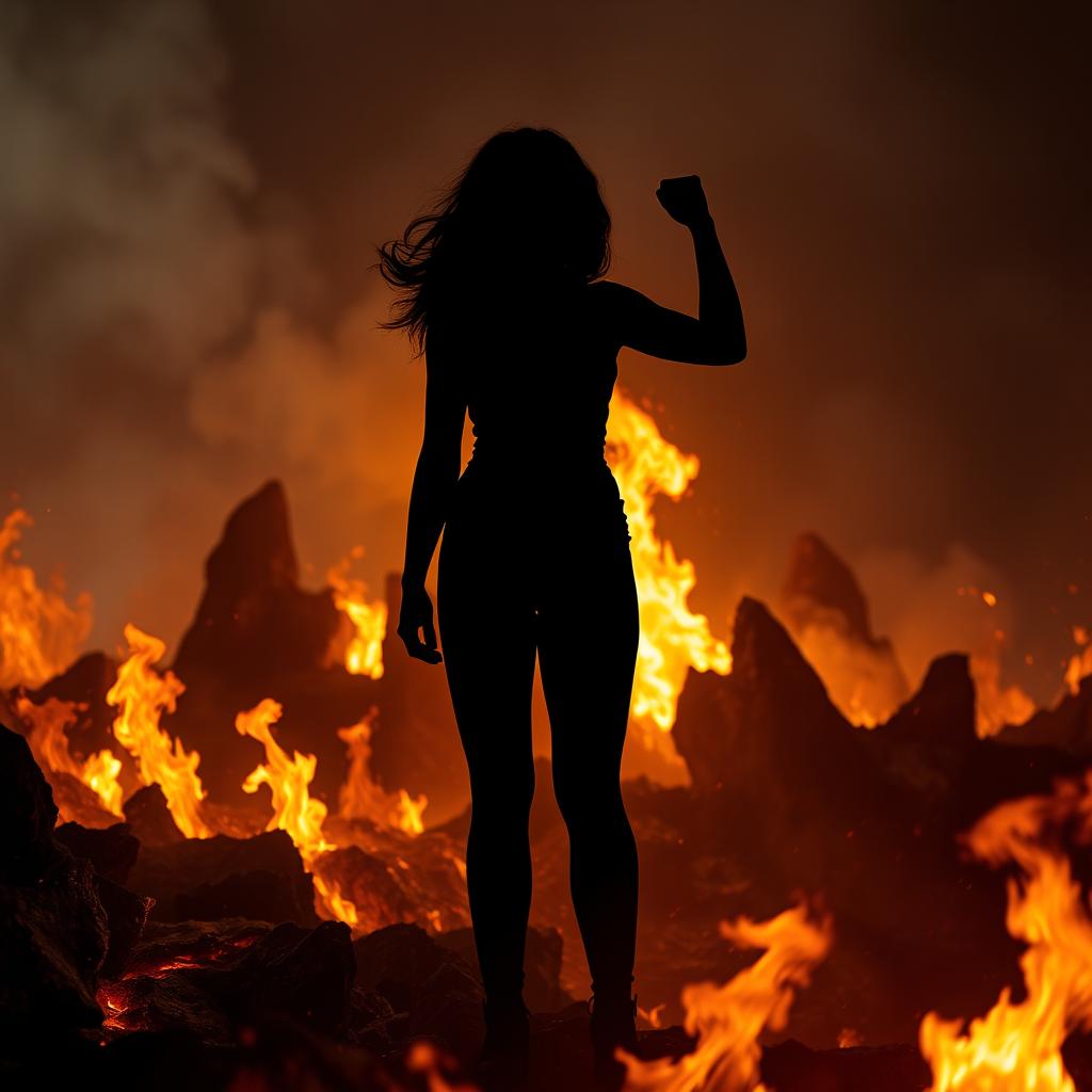 A powerful silhouette of a woman standing against the backdrop of a fiery hellscape