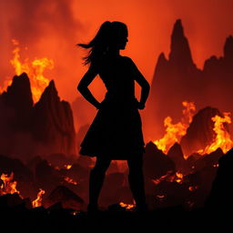 A powerful silhouette of a woman standing against the backdrop of a fiery hellscape