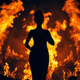 A striking silhouette of a woman standing amidst a blazing fire, exuding strength and resilience