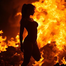 A striking silhouette of a woman standing amidst a blazing fire, exuding strength and resilience