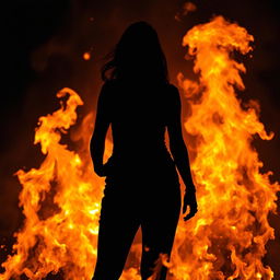 A striking silhouette of a woman standing amidst a blazing fire, exuding strength and resilience