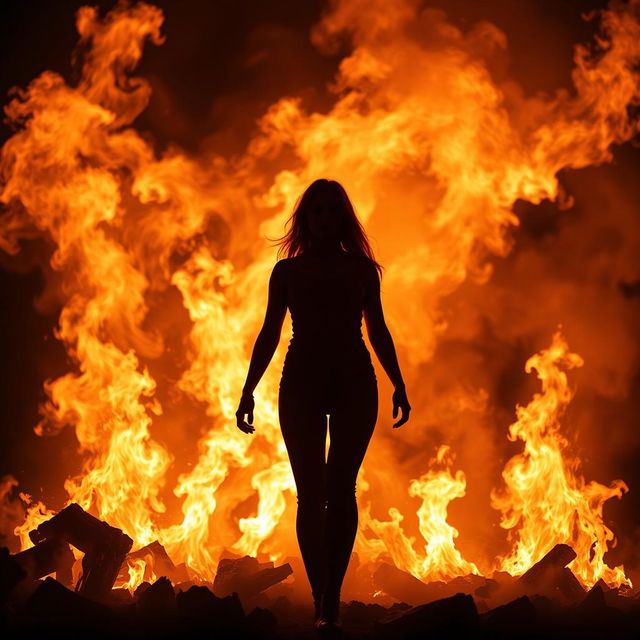 A striking silhouette of a woman standing amidst a blazing fire, exuding strength and resilience