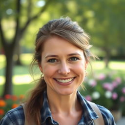 A 34-year-old woman with a natural appearance, wearing casual clothing, features a warm and kind smile