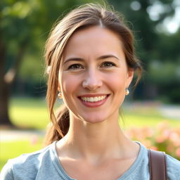 A 34-year-old woman with a natural appearance, wearing casual clothing, features a warm and kind smile