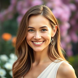 A 34-year-old woman with a natural appearance, dressed elegantly, showcasing a warm and kind smile