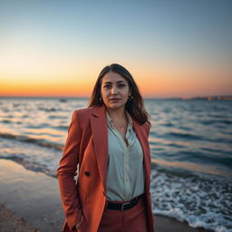 A realistic photo taken with an iPhone 14 Pro of an elegant 35-year-old woman of Ashkenazi descent, dressed in semi-formal attire, captured during an evening photoshoot in Tel Aviv with the beautiful sea as the backdrop