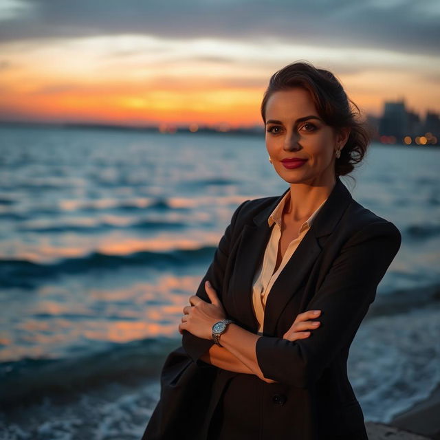 A realistic photo taken with an iPhone 14 Pro of an elegant 35-year-old woman of Ashkenazi descent, dressed in semi-formal attire, captured during an evening photoshoot in Tel Aviv with the beautiful sea as the backdrop