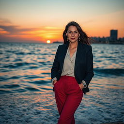 A realistic photo taken with an iPhone 14 Pro of an elegant 35-year-old woman of Ashkenazi descent, dressed in semi-formal attire, captured during an evening photoshoot in Tel Aviv with the beautiful sea as the backdrop