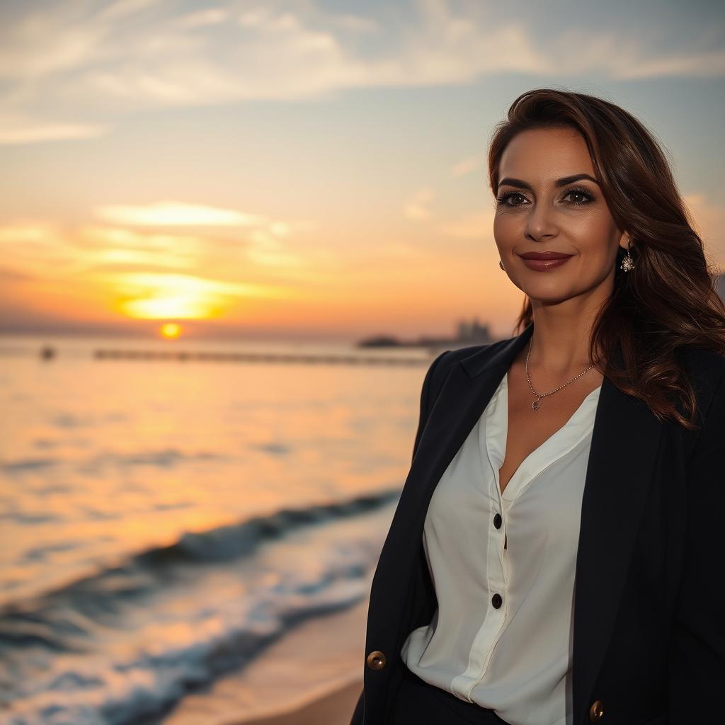 A realistic photo taken with an iPhone 14 Pro of an elegant 35-year-old woman of Ashkenazi descent, dressed in semi-formal attire, captured during an evening photoshoot in Tel Aviv with the beautiful sea as the backdrop