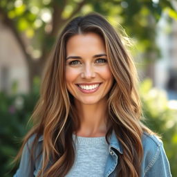 A 34-year-old woman with a natural appearance wearing casual clothing, sporting a warm and kind smile