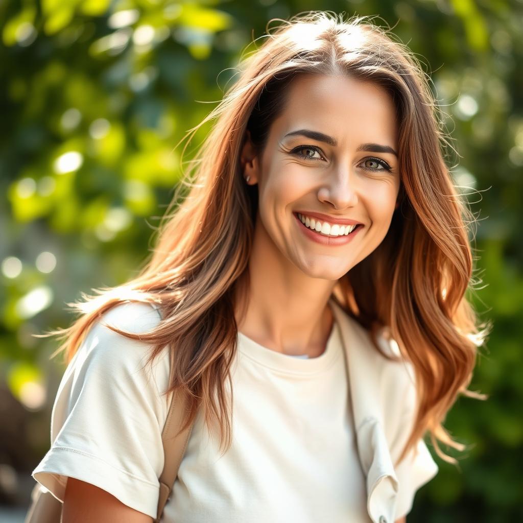 A 34-year-old woman with a natural appearance wearing casual clothing, sporting a warm and kind smile