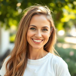 A 34-year-old woman with a natural appearance wearing casual clothing, sporting a warm and kind smile