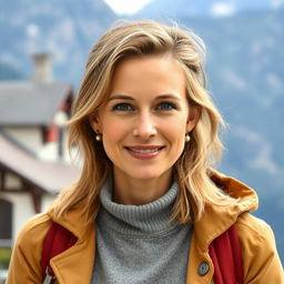 A photograph of a woman aged between 30 to 45 with a natural appearance, minimal makeup, and well-groomed hair