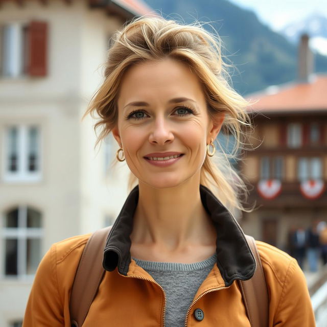 A photograph of a woman aged between 30 to 45 with a natural appearance, minimal makeup, and well-groomed hair