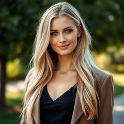 A beautiful 35-year-old European woman with a captivating blend of Scandinavian, Slavic, and Mediterranean features