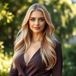 A beautiful 35-year-old woman with a harmonious blend of European features, including Scandinavian, Slavic, and Mediterranean traits