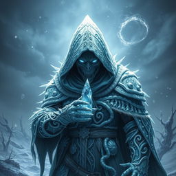 A sinister frost druid, cloaked in intricate icy armor that glistens like frozen crystals