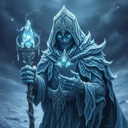 A sinister frost druid, cloaked in intricate icy armor that glistens like frozen crystals