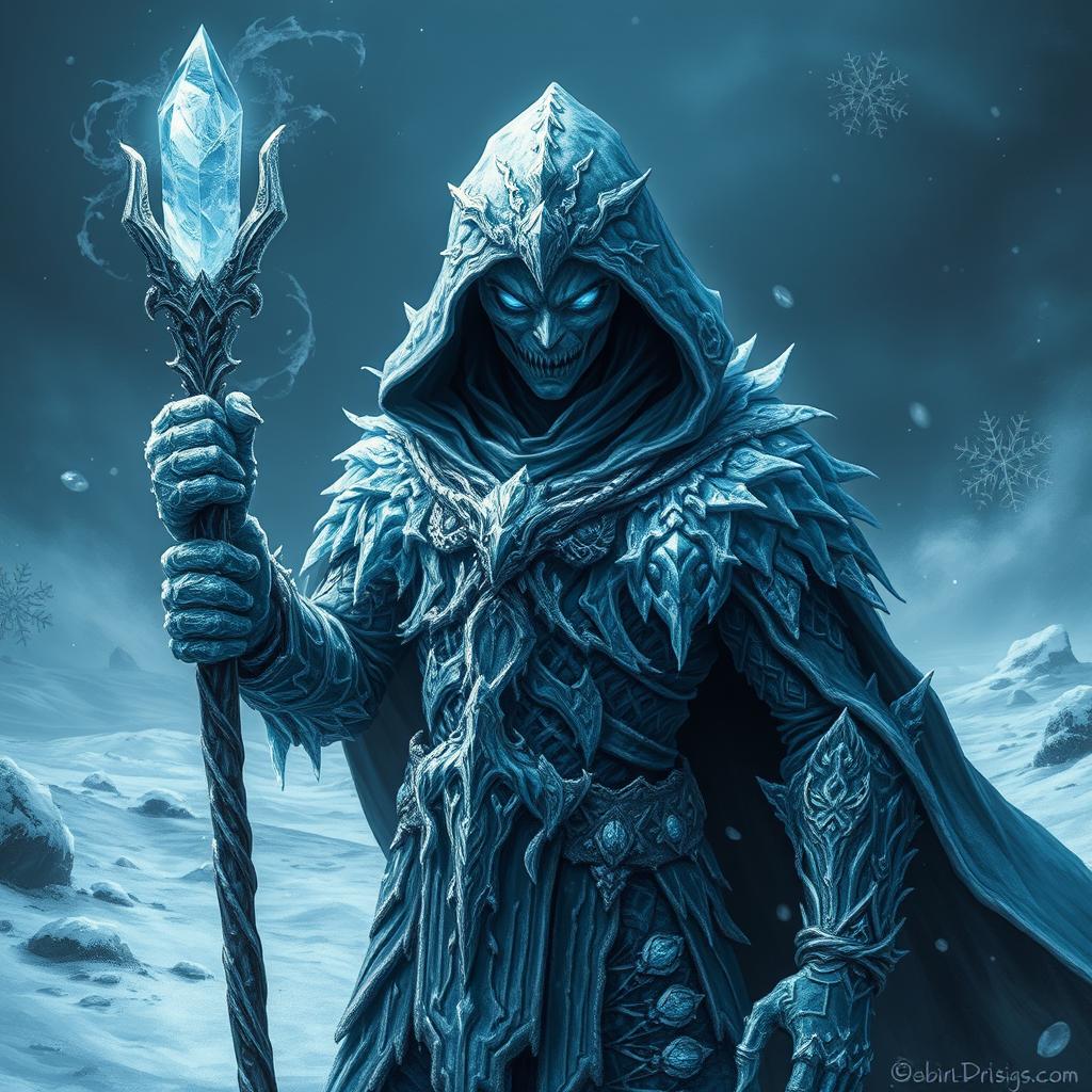 A sinister frost druid, cloaked in intricate icy armor that glistens like frozen crystals