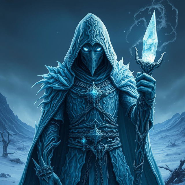 A sinister frost druid, cloaked in intricate icy armor that glistens like frozen crystals