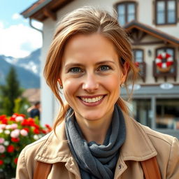 A photograph of a woman aged between 30 to 45 with a natural appearance, minimal makeup, and well-groomed hair
