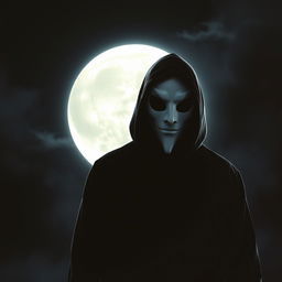 A mysterious figure wearing a white mask, standing confidently in front of a large, luminous moon